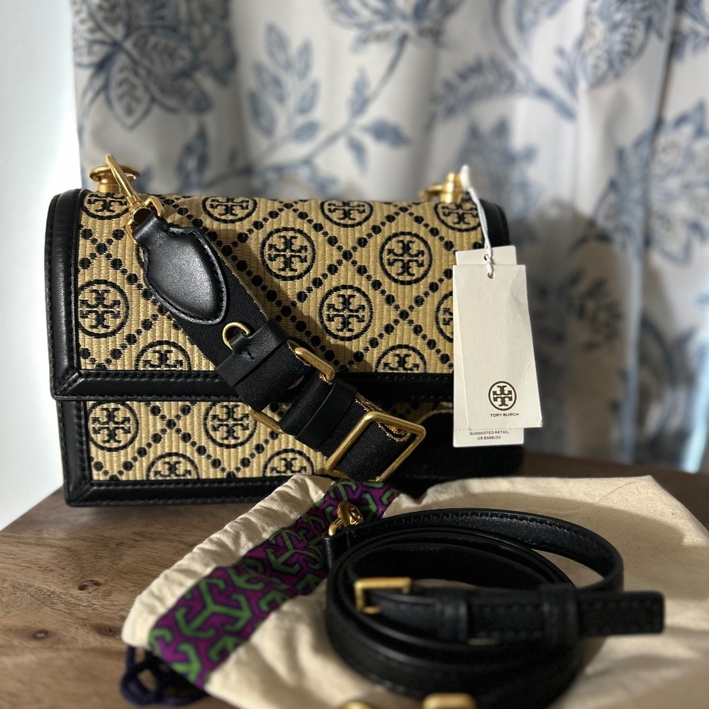 Tory Burch T Monogram Raffia Small Shoulder Bag